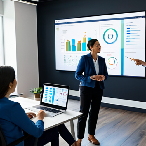 A diverse group of professional adults, fully clothed in modern business casual attire, gathered around a large interactive screen in a brightly lit, contemporary co-working space. They are engaged in a collaborative discussion, pointing to abstract data visualizations and charts on the screen, symbolizing shared knowledge and strategic planning. The scene conveys a sense of teamwork and innovation. Perfect anatomy, correct proportions, natural pose, well-formed hands, natural body proportions, professional photography, high quality, safe for work, appropriate content, fully clothed, family-friendly.