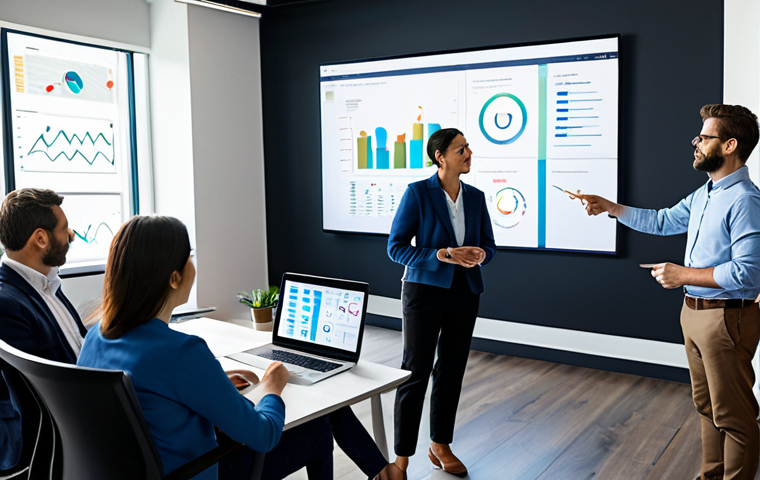 A diverse group of professional adults, fully clothed in modern business casual attire, gathered around a large interactive screen in a brightly lit, contemporary co-working space. They are engaged in a collaborative discussion, pointing to abstract data visualizations and charts on the screen, symbolizing shared knowledge and strategic planning. The scene conveys a sense of teamwork and innovation. Perfect anatomy, correct proportions, natural pose, well-formed hands, natural body proportions, professional photography, high quality, safe for work, appropriate content, fully clothed, family-friendly.