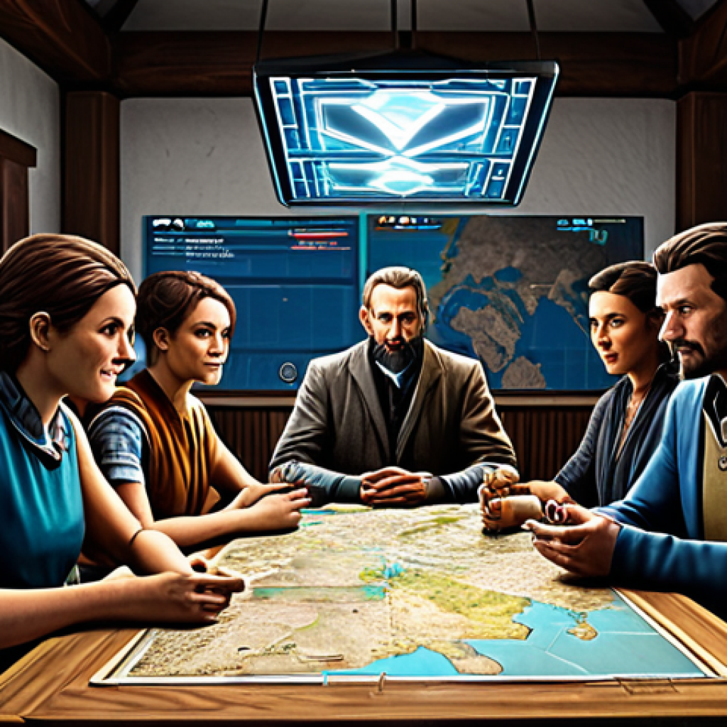 Clan Gathering**

"A bustling scene in a stylized, safe for work, appropriate content, family-friendly Clan hall. Several fully clothed survivors, diverse in appearance, are gathered around a table strategizing with maps and holographic displays. Banners with Clan logos hang on the walls. Modest attire, perfect anatomy, correct proportions, well-formed hands, natural pose, professional digital art, high quality, safe for work."

**