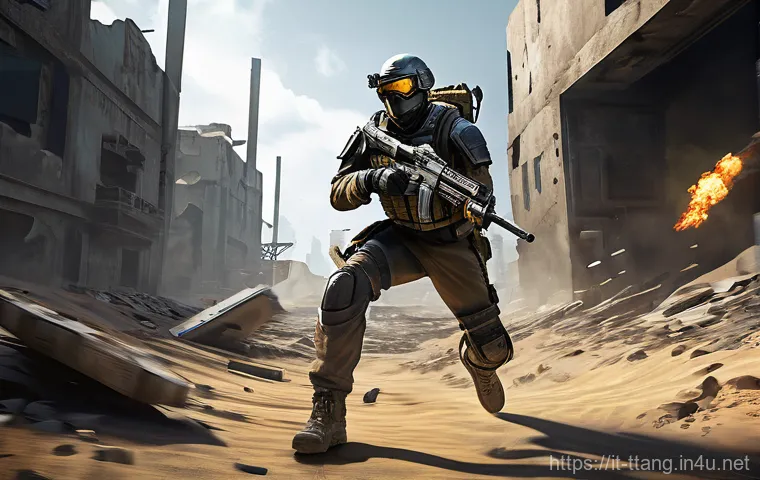 탕탕특공대 특수 스테이지 공략 - **Prompt: "Dynamic action scene featuring a male survivor, fully clothed in advanced, modular combat...