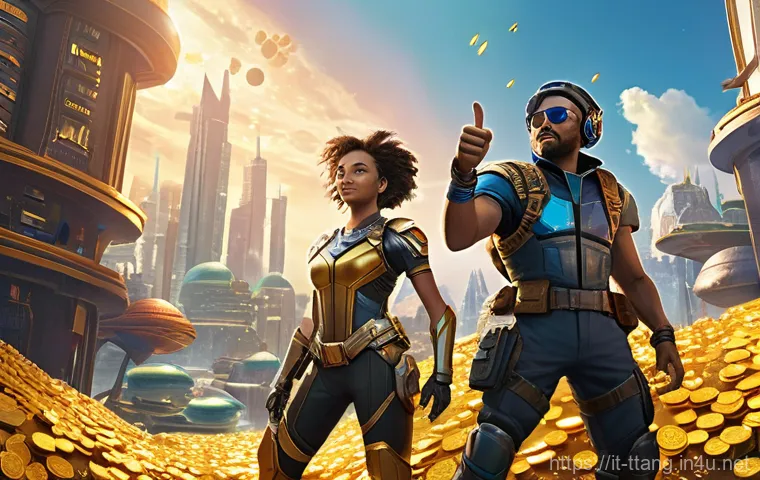 탕탕특공대 파티 플레이 장점 - A vibrant scene depicting two diverse video game characters (wearing full, appropriate combat gear, ...