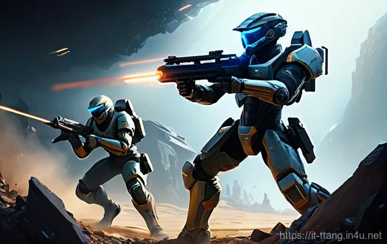 탕탕특공대 파티 플레이 장점 - A vibrant scene depicting two diverse video game characters (wearing full, appropriate combat gear, ...