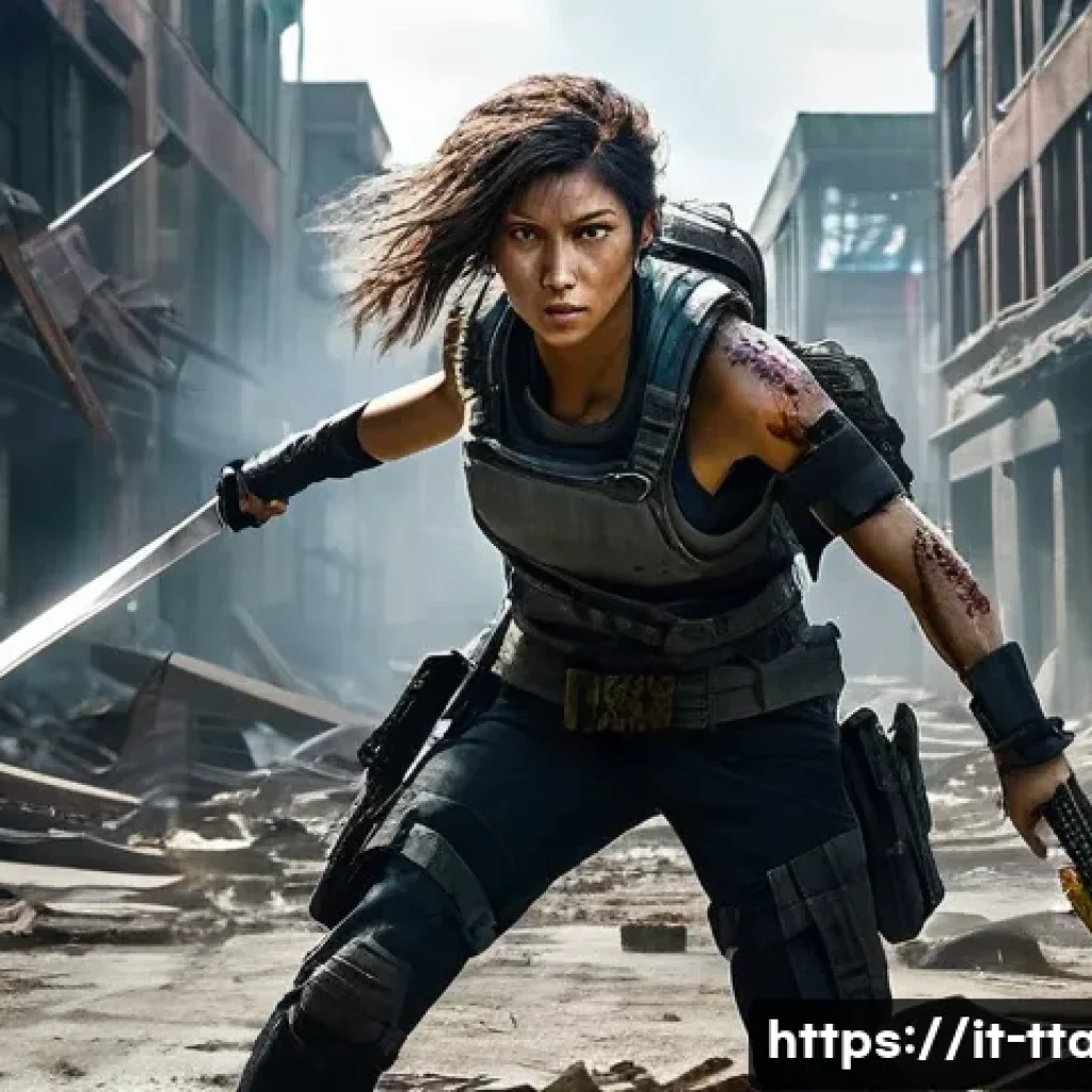 탕탕특공대 신규 플레이어 추천 아이템 - **Prompt:** A dynamic, wide shot of a determined female survivor in the midst of a chaotic zombie ap...