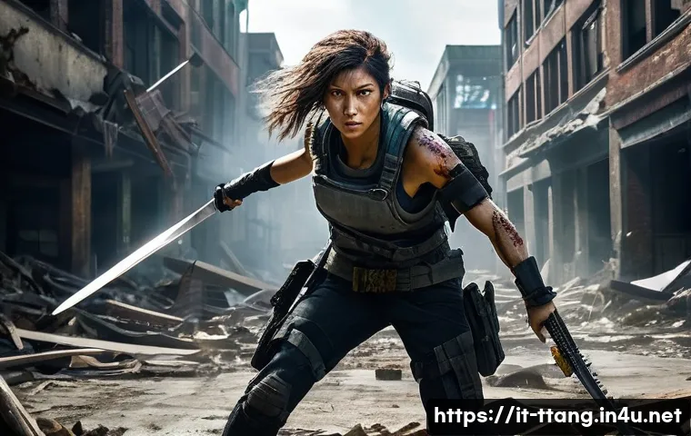 탕탕특공대 신규 플레이어 추천 아이템 - **Prompt:** A dynamic, wide shot of a determined female survivor in the midst of a chaotic zombie ap...