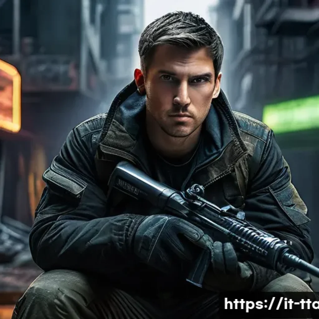 탕탕특공대 미니게임 소개 - **Prompt:** A dynamic, mid-shot of a focused male survivor, mid-twenties, with short, practical hair...