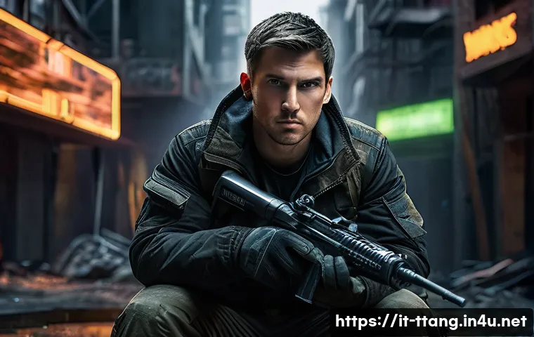 탕탕특공대 미니게임 소개 - **Prompt:** A dynamic, mid-shot of a focused male survivor, mid-twenties, with short, practical hair...