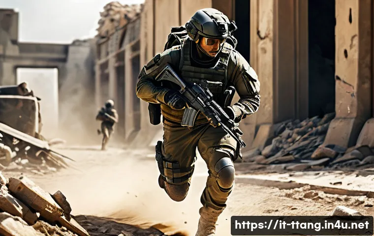 탕탕특공대 스킬 조합 방법 - A dynamic scene featuring a tactical special forces soldier in modern combat gear, equipped with adv...