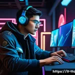 탕탕특공대 커뮤니티 활용법 - A detailed digital illustration of an engaging gaming community profile page set in a futuristic Ita...