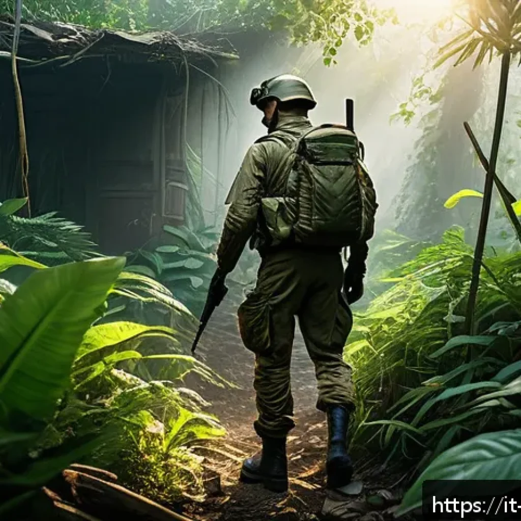 탕탕특공대 장비 제작 재료 수집법 - A detailed scene of a tactical soldier exploring a rarely visited, dense jungle area at dawn, carefu...