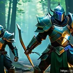 Home 22 탕탕특공대 PvE와 PvP 전략 비교 - A dynamic battle scene in a fantasy MMORPG setting, featuring a diverse team of characters engaged i...