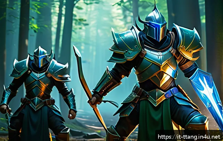 탕탕특공대 PvE와 PvP 전략 비교 - A dynamic battle scene in a fantasy MMORPG setting, featuring a diverse team of characters engaged i...