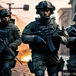 Home 20 탕탕특공대 타 게임과의 비교 - A dynamic tactical shooter scene featuring a squad of elite soldiers in modern combat gear, coordina...