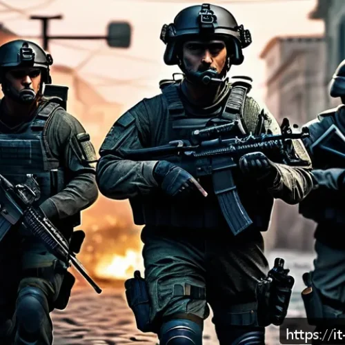 Home 32 탕탕특공대 타 게임과의 비교 - A dynamic tactical shooter scene featuring a squad of elite soldiers in modern combat gear, coordina...