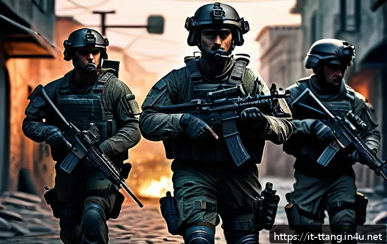 탕탕특공대 타 게임과의 비교 - A dynamic tactical shooter scene featuring a squad of elite soldiers in modern combat gear, coordina...