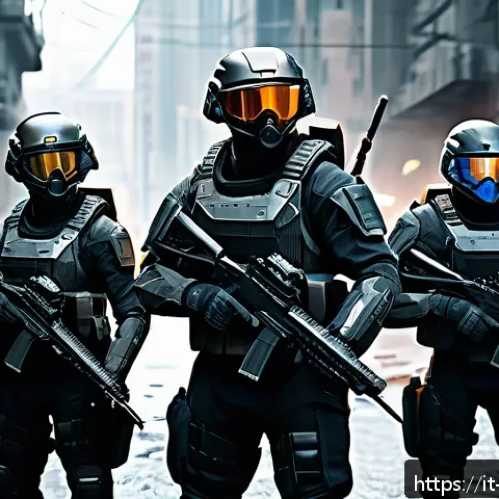 탕탕특공대 최적의 팀 구성 - A dynamic gaming squad in a futuristic battlefield setting, featuring a balanced team of characters:...