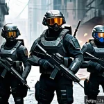 Home 18 탕탕특공대 최적의 팀 구성 - A dynamic gaming squad in a futuristic battlefield setting, featuring a balanced team of characters:...