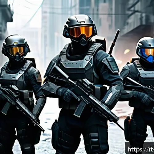 Home 30 탕탕특공대 최적의 팀 구성 - A dynamic gaming squad in a futuristic battlefield setting, featuring a balanced team of characters:...