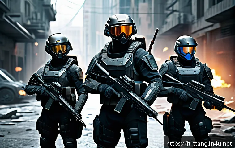탕탕특공대 최적의 팀 구성 - A dynamic gaming squad in a futuristic battlefield setting, featuring a balanced team of characters:...