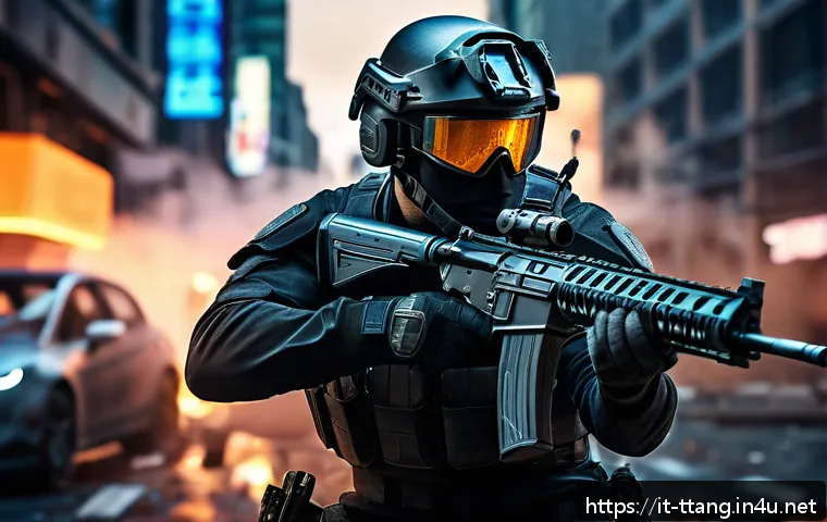 탕탕특공대 최적의 스킬 트리 - A dynamic battle scene featuring a skilled special forces warrior in tactical gear, executing rapid ...